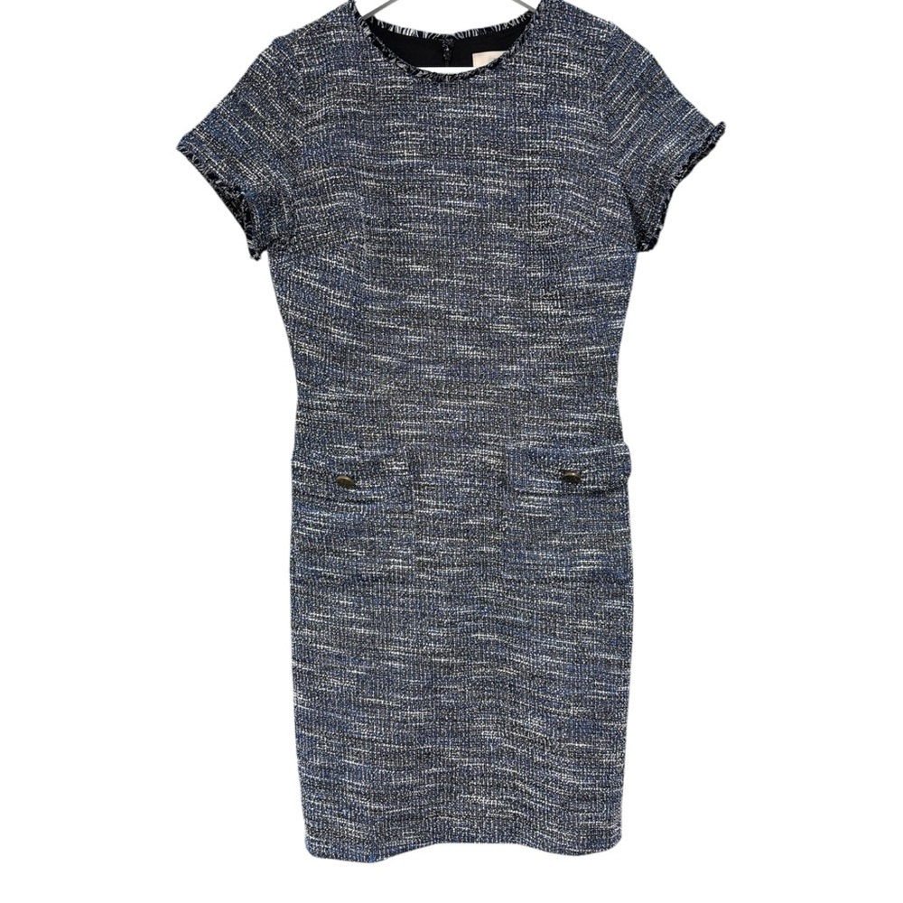 LOFT Tweed Blue Black White Fringe Sheath Career Dress Women's Size 6 NWT